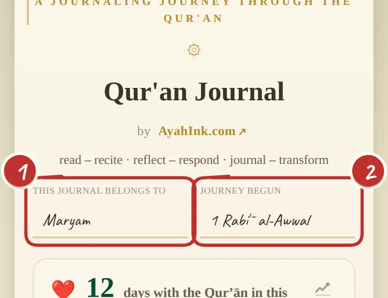 The journal's cover: 'This journal belongs to Maryam' and 'Journey begun 1 Rabīʿ al-Awwal', marked 1 and 2