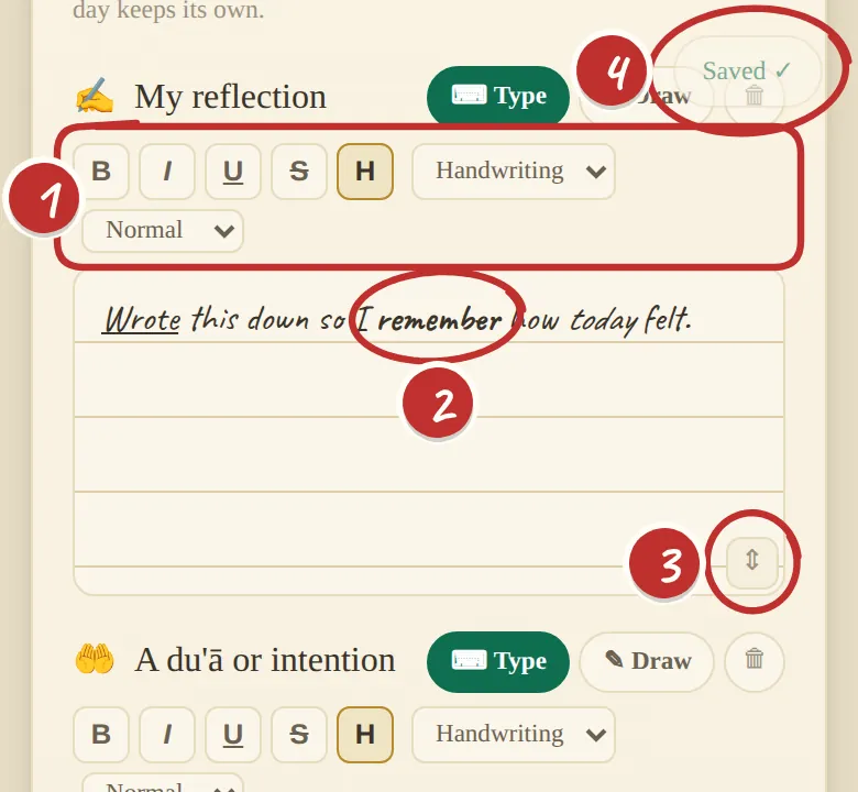 A writing box with the formatting toolbar, bold and highlighted words, the resize corner and the Saved note