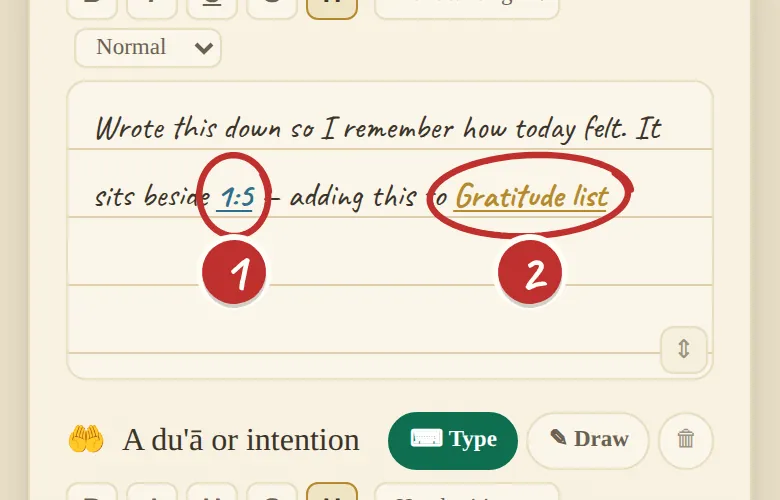 A reflection containing a link to ayah 1:5 and a link to the note 'Gratitude list'