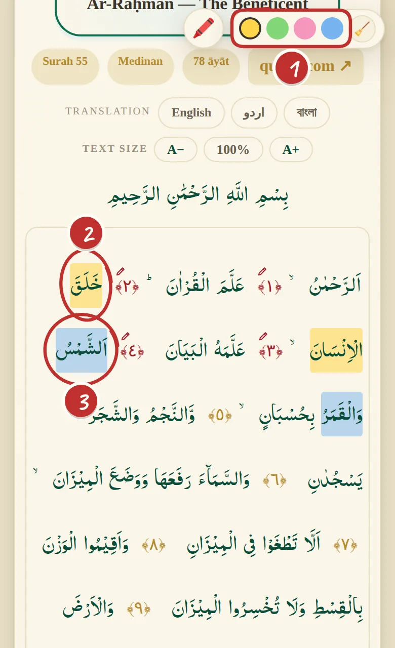 Recitation mode with a yellow highlight running across a line break and a blue highlight on another ayah