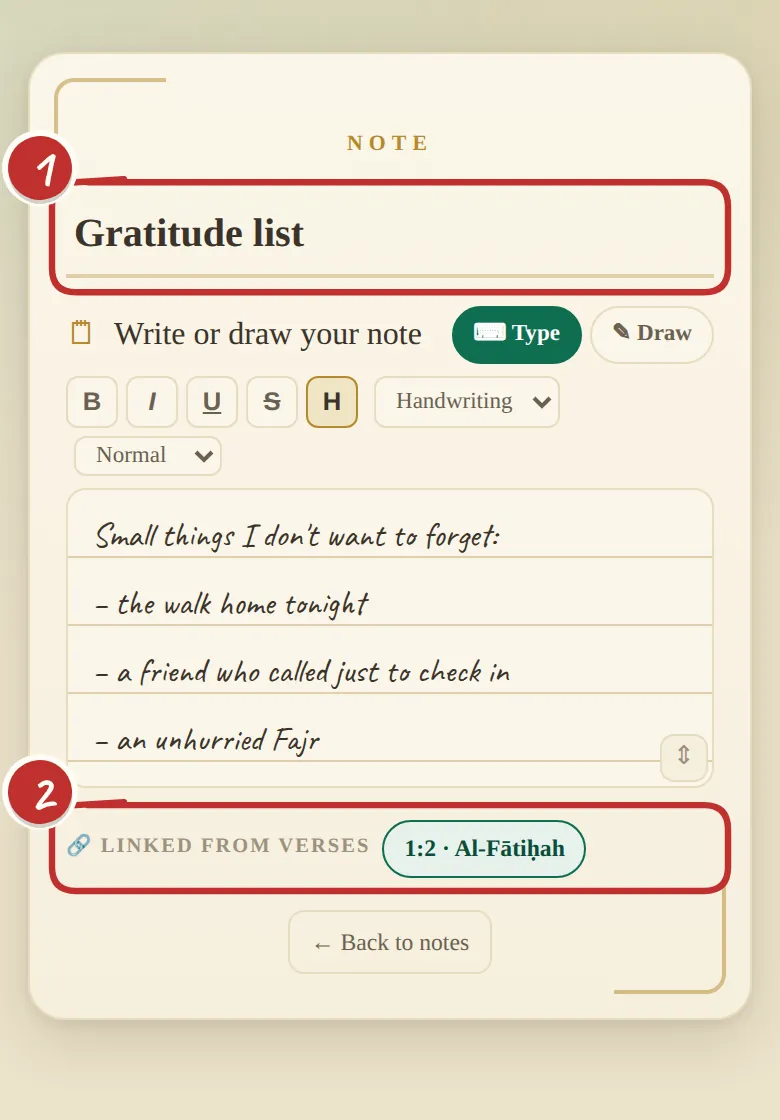 The 'Gratitude list' note with its 'Linked from verses' list