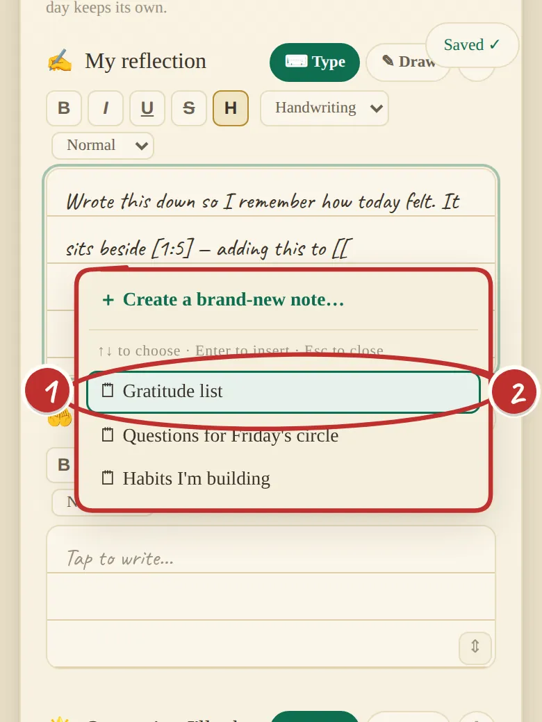 Typing [[ in a reflection opens a list of notes with 'Create a brand-new note'