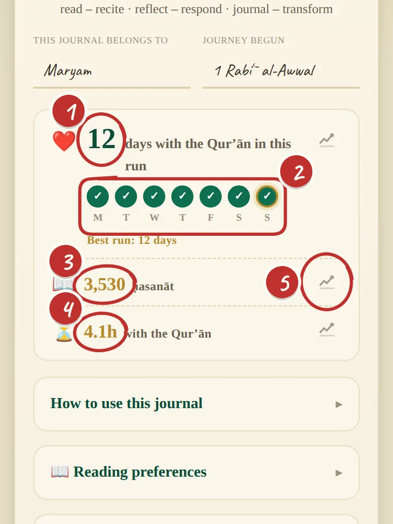 The streak card: days in the current run, the week's ticks, ḥasanāt, time spent and a chart