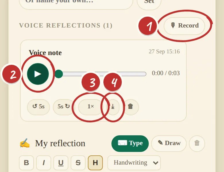 A voice note: the recorder and the player with play, skip, speed and save controls